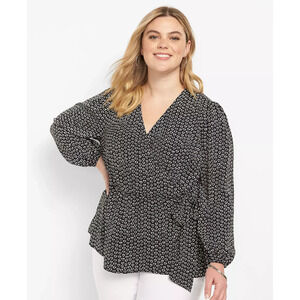Lane Bryant Women sz 24 Black Wrap Blouse Peplum White Heart Print Long Sleeves